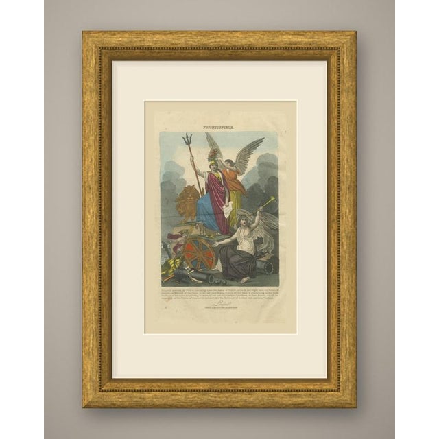 An original antique engraving, colored by hand, lettered "frontispiece." above the image. Britannia sits enthroned in a...
