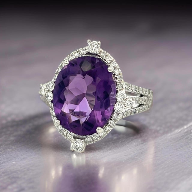 Purple Natural Amethyst Diamond Ring Size 6.5, 14k Gold 8.83 TCW Certified For Sale - Image 8 of 11