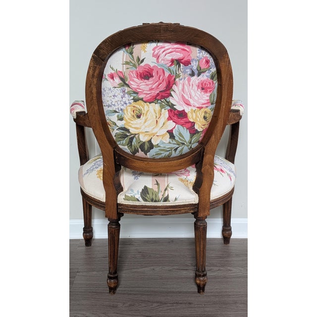 1920s Vintage Louis XVI Style French Arm Chair Restyled/Restored- Vintage Cabbage Roses Floral Batkcloth Upholstery Fabric For Sale - Image 5 of 12