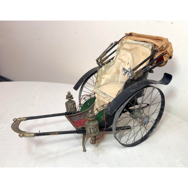 Folk Art Antique 19th Century Handmade Mixed Media Tole Running Rickshaw Mini Sculpture For Sale - Image 3 of 18