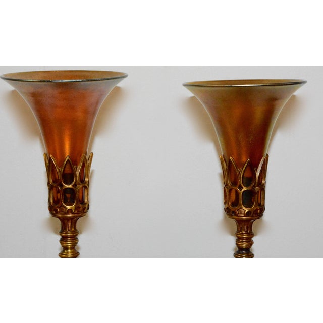 Art Deco Pair of Art Deco Bronze Lamps With Iridescent Shades For Sale - Image 3 of 11