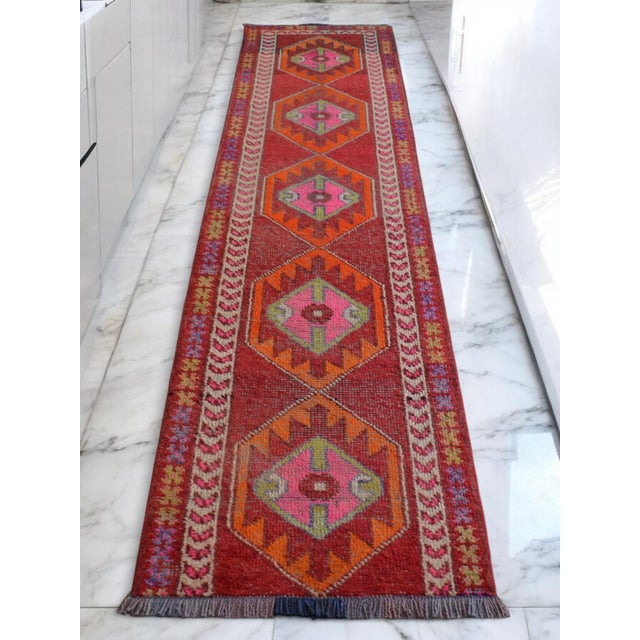 1960s Turkish Runner Rug. Hand-Knotted Tribal Red, Pink Color Hallway Rug, Kitchen Decor - 2′10" × 12′1" For Sale - Image 4 of 16