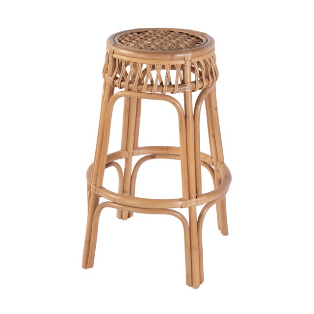 Wood Antigua 30.5 in. Seat Height Round Rattan Bar Stool with Footrest, Natural Rattan For Sale - Image 7 of 7
