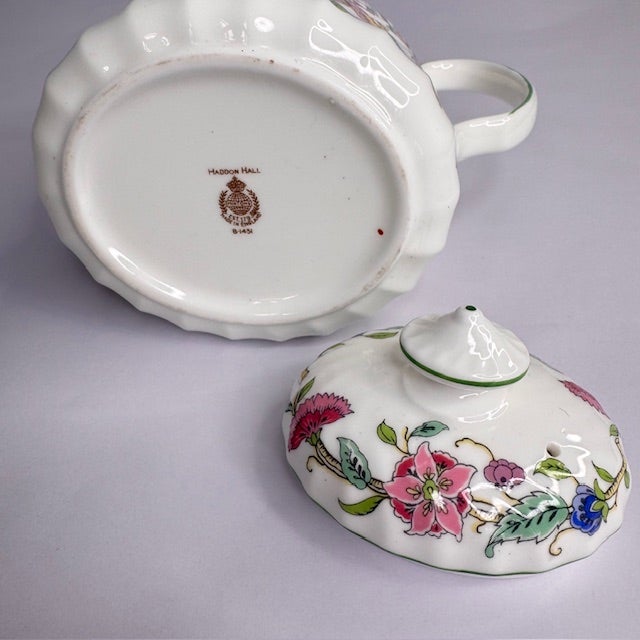 Antique White Vintage Minton Haddon Hall English Bone China Tea Set, 17 Pieces, Floral Chintz Pattern For Sale - Image 8 of 15