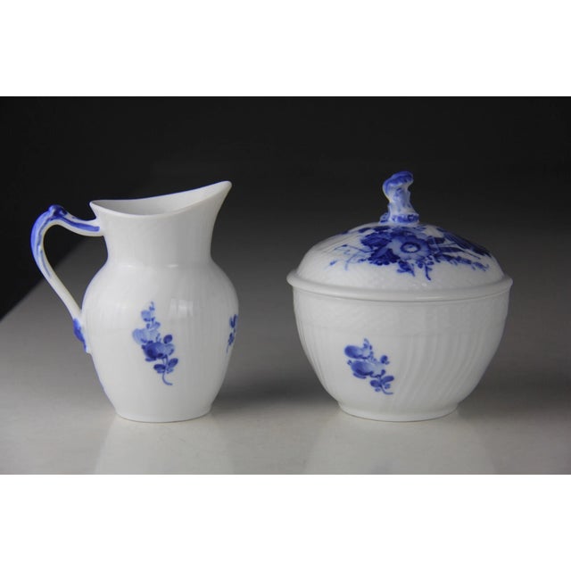 Vintage MCM Royal Copenhagen Blue Flowers Curved Large Sugar Bowl & Creamer Set For Sale - Image 9 of 12