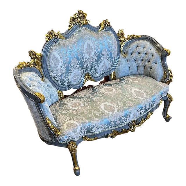 French Rococo Style Tufted Sky Blue Settee For Sale