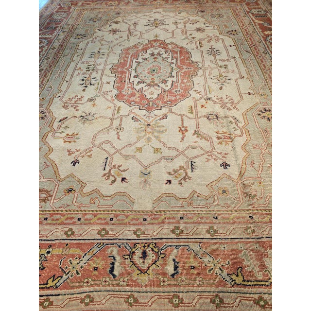 Textile Vintage Turkish Oushak Rug, Hand-Knotted Geometric Pattern, Ivory & Brick Red, 12' X 14' For Sale - Image 7 of 13