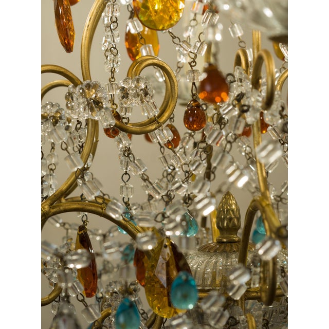 Blue Vintage Florentine 6-Light Chandelier in Gilded Iron with Crystals and Murano Glass Pendants, 1950s For Sale - Image 8 of 14
