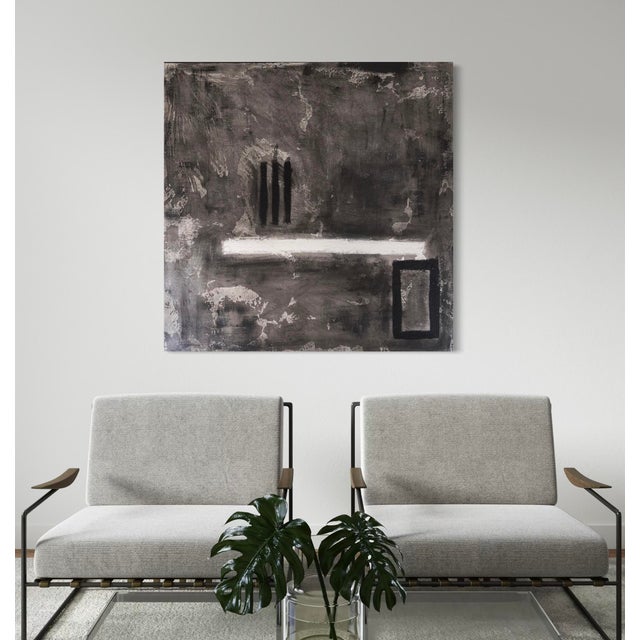 Original abstract painting by J. Kent Martin in a restrained palette of gray, black, and soft neutrals with linear...