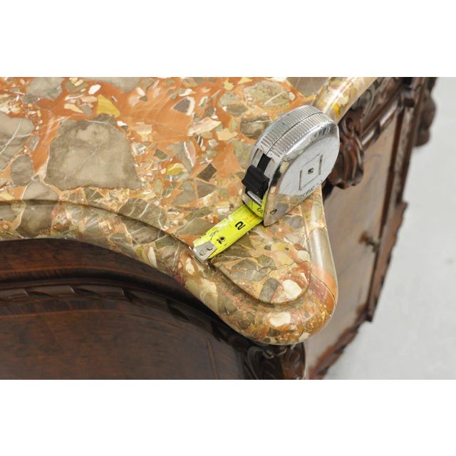 Brown Antique French Louis XV Baroque Burl Walnut Marble Top Commode 5 Drawer Dresser For Sale - Image 8 of 16
