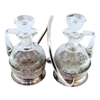 Cruet Set with Silver Structure with Two Acid-Etched Glass Cruets, Set of 3 For Sale