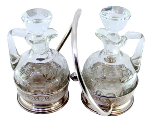 Cruet Set with Silver Structure with Two Acid-Etched Glass Cruets, Set of 3
