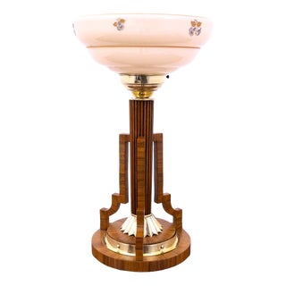 Mid-20th Century Art Deco Table Lamp in Glass and Walnut, Poland, 1950s For Sale