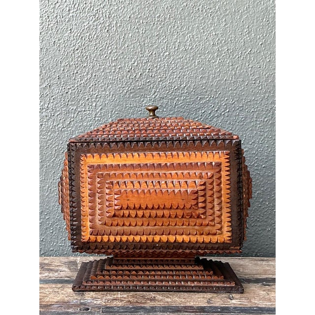 Brown Vintage Tramp Art Wood Box on Pedestal For Sale - Image 8 of 17