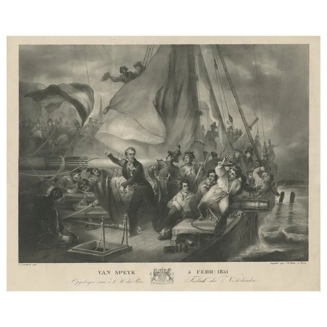 Antique print titled 'Van Speyk 5 Febr: 1831'. Large antique print on chine collé, it shows the overrun of Jan van...
