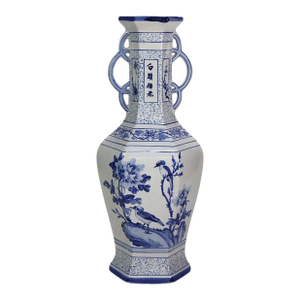 Early 20th Century Large Blue & White Chinese Floral & Figural Hand Painted Porcelain Faceted Vase