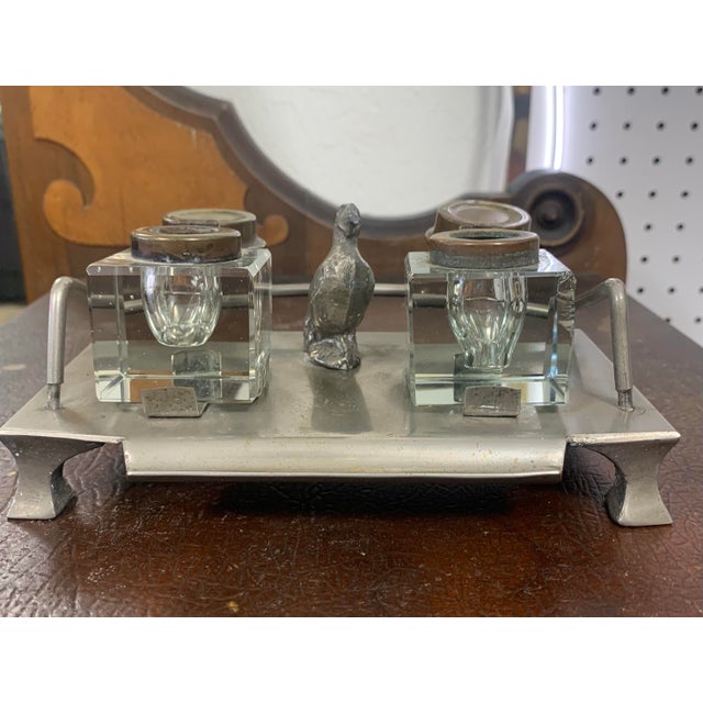 Antique Double Crystal Inkwell With Bird Finial For Sale - Image 4 of 11