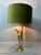 Remarkable lamp with velvet, green-colored shade. Design Valenti. Hood has a gold-colored inside for a warm reflection....