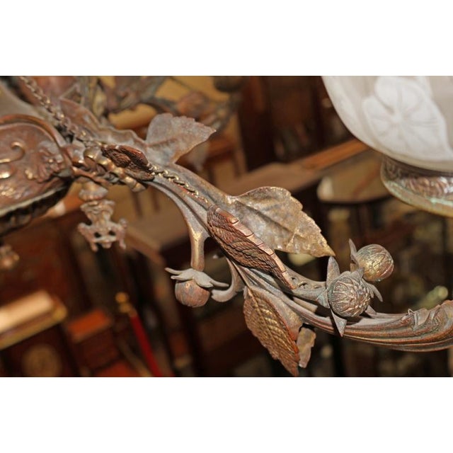 19th Century Bronze 4 Light Etched Glass Shade Gas Chandelier Gasolier For Sale - Image 13 of 18