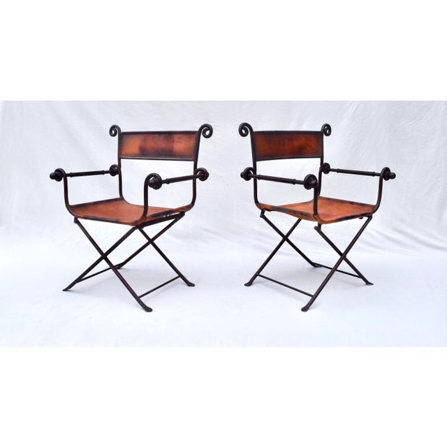 Metal A Pair of Italian Savonarola Iron & Leather Campaign Chairs For Sale - Image 7 of 12
