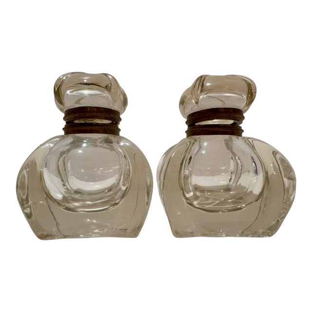 Pair of Vintage Clear Glass Ink Bottles Art Deco Style Brass Collars 1930s Desk For Sale