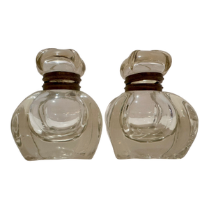 Pair of Vintage Clear Glass Ink Bottles Art Deco Style Brass Collars 1930s Desk