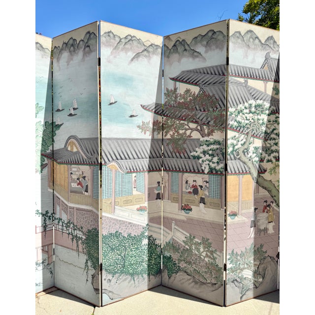 Chinoiserie Grand-Scale Chinese Hand-Painted 6 Panel Folding Screen Room of Waterfront Village For Sale - Image 3 of 11
