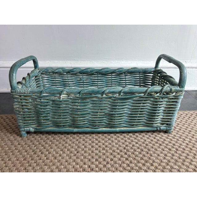 Wood Late 20th Century French Country Blue Bamboo Wicker Basket, Wide For Sale - Image 7 of 7