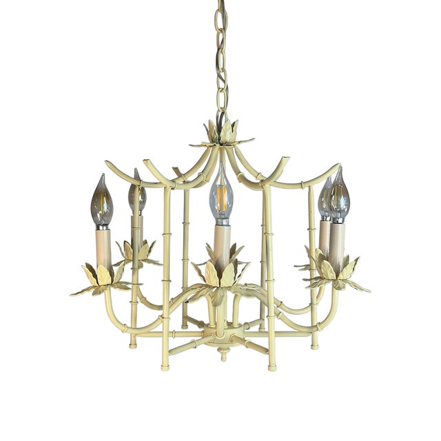 Vintage Faux Bamboo "Custom Color Option" Butter Colored Pagoda Tole 5-Light Chandelier For Sale - Image 4 of 8