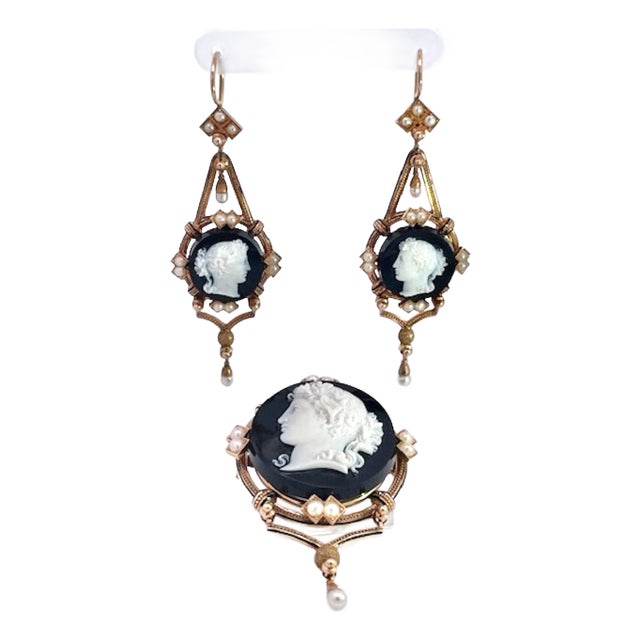 1940s 14k Sardonyx Cameo Split Pearl Brooch and Matching Earrings- Set of 3 For Sale