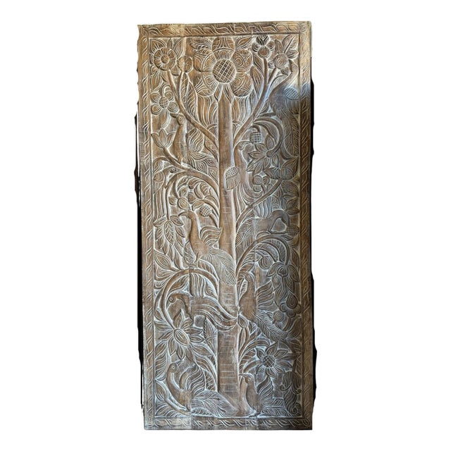 Vintage Hand-Carved Tree of Life Barn Door – Rustic Reclaimed Wood Wall Panel 84x36 For Sale