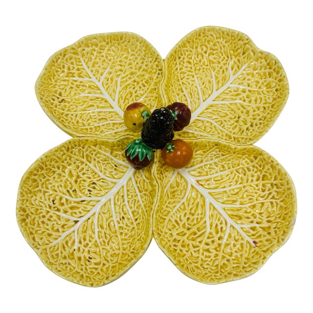 Vintage Portugal Yellow Cabbage Leaf Divided Platter For Sale