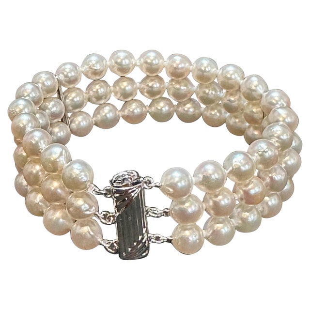 8mm Akoya Japanies Pearl Triple Strand Bracelet, Sterling Silver Clasp, 8 Inch For Sale - Image 15 of 18