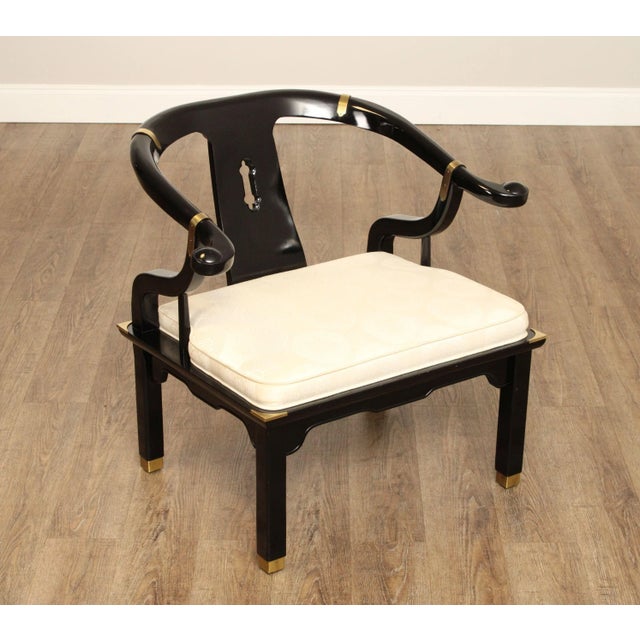 High Quality American Made Vintage Black Lacquered Horseshoe Armchair with Brass Accents and Custom Upholstered Seat