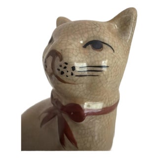 Vintage Staffordshire Style Cat with Red Bow & Wry Smile For Sale