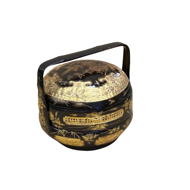 Wood Vintage Oriental Black Golden Graphic Stack Wedding Basket Display For Sale - Image 7 of 17