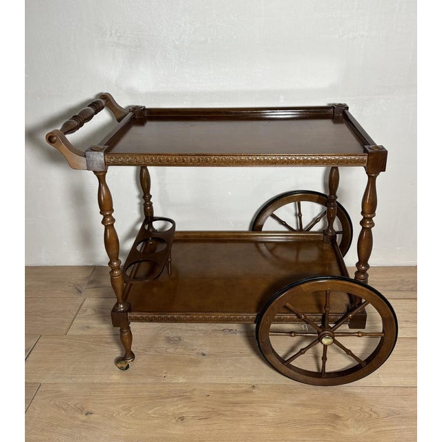 1940s Mid-Century Modern Spanish Wooden Bar Cart with Turned Legs and Bottle Holder, 1940 For Sale - Image 5 of 14