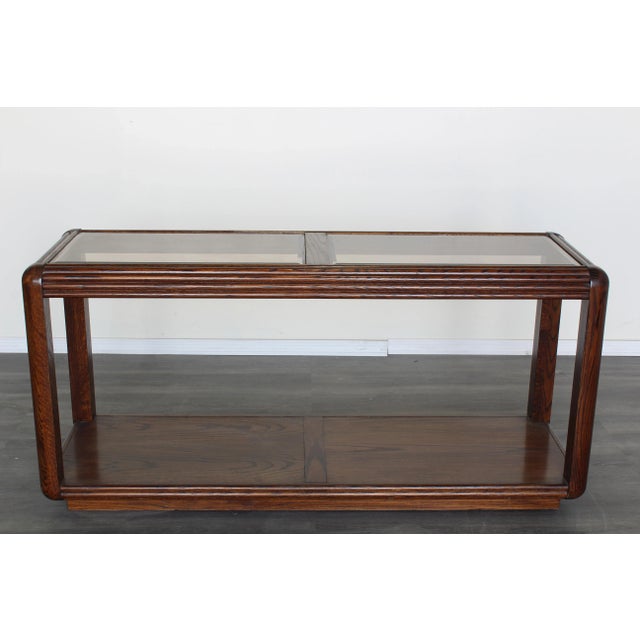 Thomasville Mid Century Walnut Console With Glass Tops For Sale - Image 4 of 6