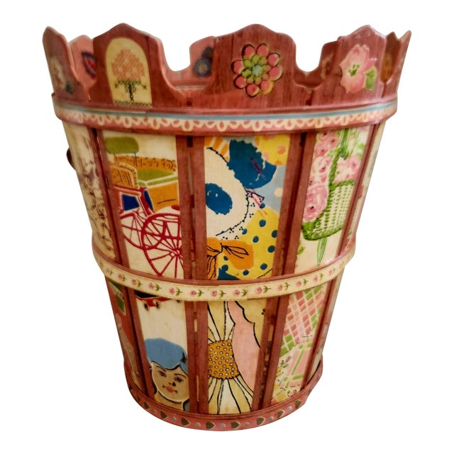 Raggedy Ann Andy Folk Art Wastebasket Vintage Handmade For Sale