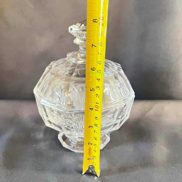 Vintage Etched Crystal Pedestal Candy Dish With Lid | Floral Rose Motif | Elegant Vanity Jar For Sale - Image 4 of 10