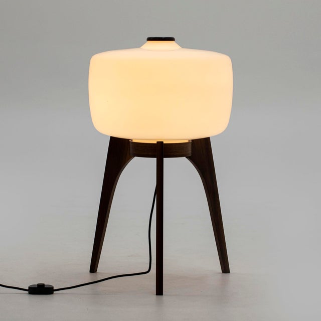 Tripod floor lamp in opaline glass and walnut, produced by uluv / valasske mezirici ( glass shade ), czechoslovakia,...