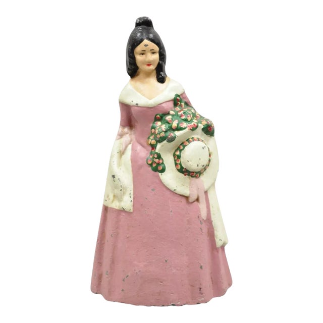 Antique Victorian Tall Cast Iron Painted Figural Woman Pink Dress Door Stop For Sale