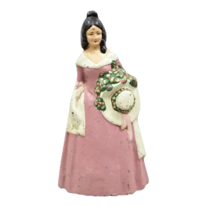 Antique Victorian Tall Cast Iron Painted Figural Woman Pink Dress Door Stop