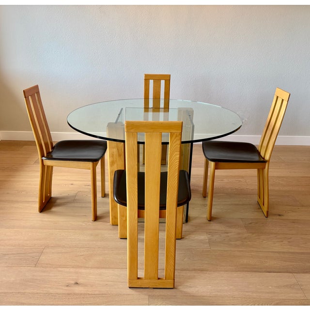 1980s Vintage Italian Glass Table With a Set of 4 Wood and Brown Leather Chairs in the Style of Pietro Costantini For Sale - Image 14 of 18