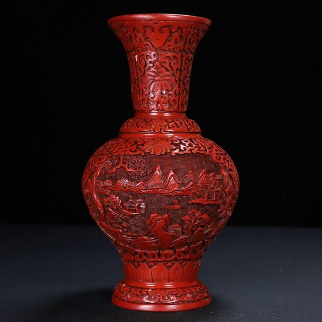 Chinese Cinnabar Lacquer Vase Pair / Carved Red Lacquer Landscape Vases For Sale - Image 3 of 12