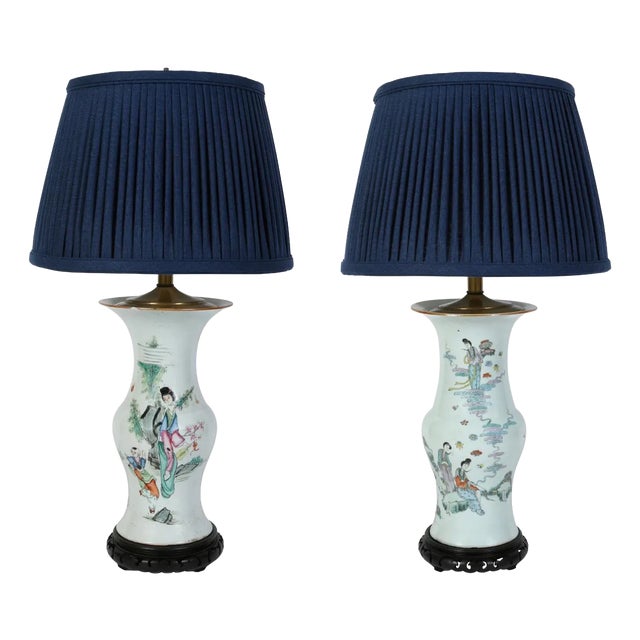 Pair of Chinese Porcelain Lamps With Colorful Figure Detail For Sale