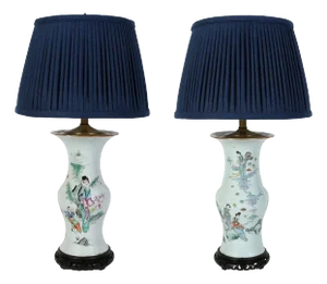 Pair of Chinese Porcelain Lamps With Colorful Figure Detail