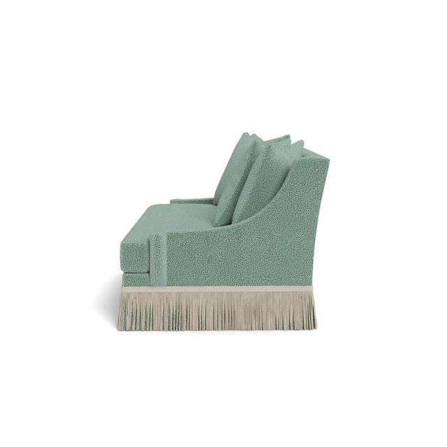 Transitional Bunny Williams Home Cora Sofa in Teal Leopard Chenille with Beige Buillon Fringe For Sale - Image 3 of 5