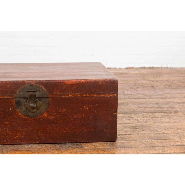 Wood Chinese 19th Century Qing Dynasty Red Painted Paper Bound Trunk with Brass Lock For Sale - Image 7 of 13