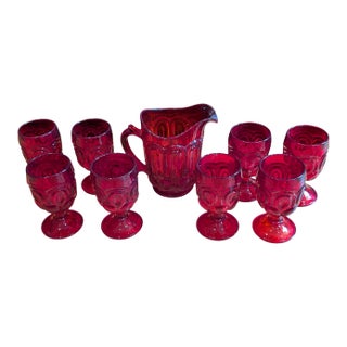 Mid 20th Century Mid Century Modern l.e. Smith Ruby Red Glass Pitcher & Cup Goblet Set Moon and Stars Pattern - Set of 9 For Sale